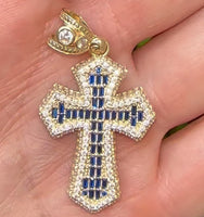 Gold 3D Cross with Blue Stones