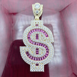 1.9” Yellow Gold 3D Dollar Sign Pendant with Red Stones