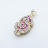 1.9” Yellow Gold 3D Dollar Sign Pendant with Red Stones