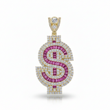 1.9” Yellow Gold 3D Dollar Sign Pendant with Red Stones