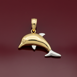 14k Two-tone Gold Solid 3-D Dolphin Pendant.