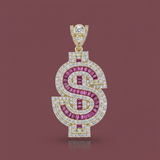 1.9” Yellow Gold 3D Dollar Sign Pendant with Red Stones