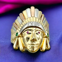 14K Tri-color Gold CZ Native Chief Ring