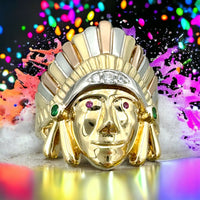 14K Tri-color Gold CZ Native Chief Ring
