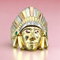 14K Tri-color Gold CZ Native Chief Ring