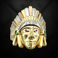 14K Tri-color Gold CZ Native Chief Ring