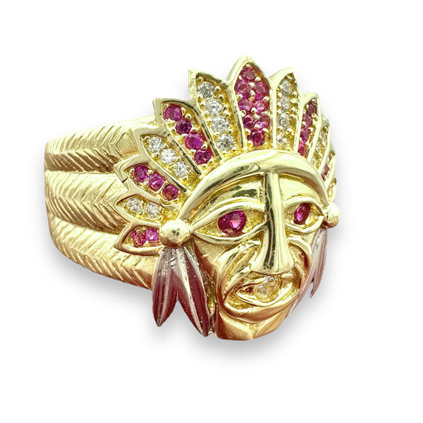 14k Yellow Gold CZ Native Chief Ring
