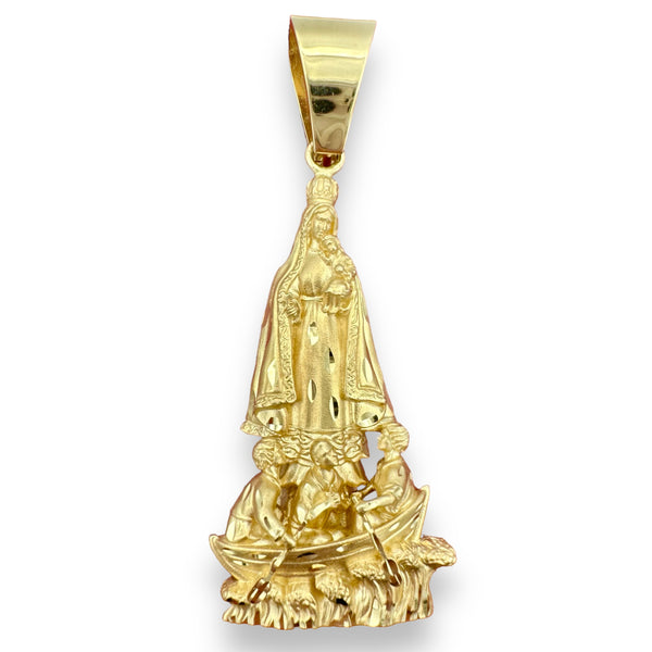 3.2” 14k Yellow Gold 3D Our Lady of Charity Del Cobre Pendant