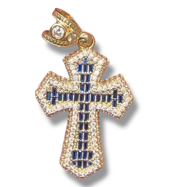 Gold 3D Cross with Blue Stones