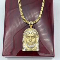 10k Yellow Gold Matte Jesus Face Pendant and 3mm Franco Chain Set