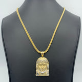 10k Yellow Gold Matte Jesus Face Pendant and 3mm Franco Chain Set