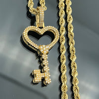 14k Gold Diamond Key Pendant and 10k Gold Rope Chain Set