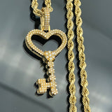 14k Gold Diamond Key Pendant and 10k Gold Rope Chain Set