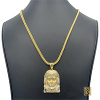 10k Yellow Gold Matte Jesus Face Pendant and 3mm Franco Chain Set