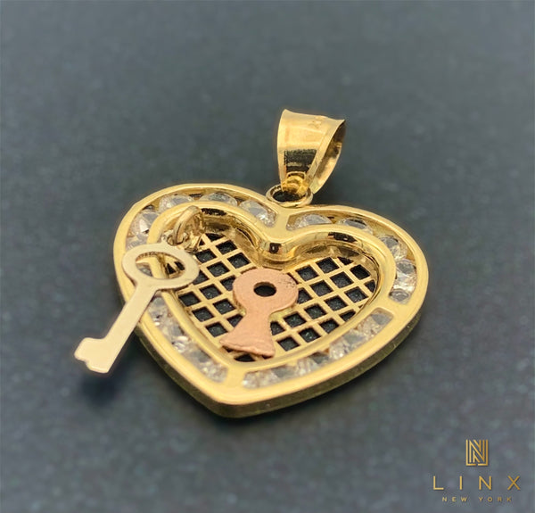 14K Gold and CZ Heart-shaped Lock & Key Charm