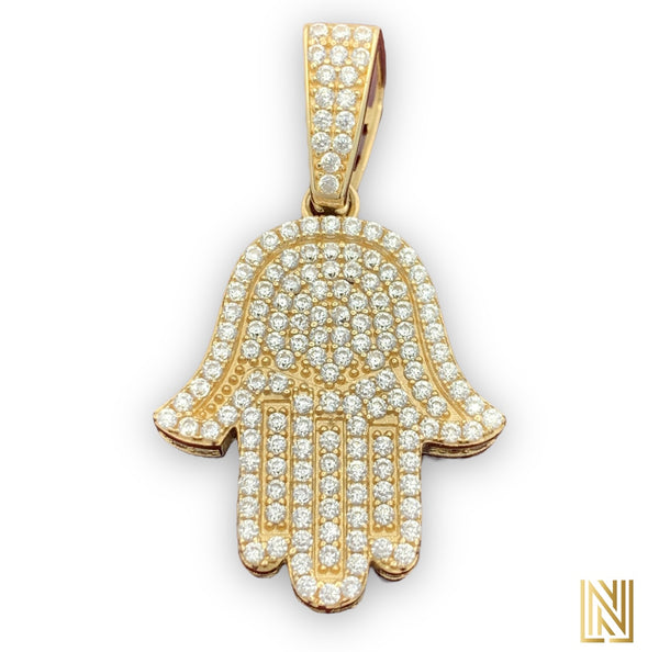 1.5” 14k Yellow Gold Iced Out Hamsa Pendant