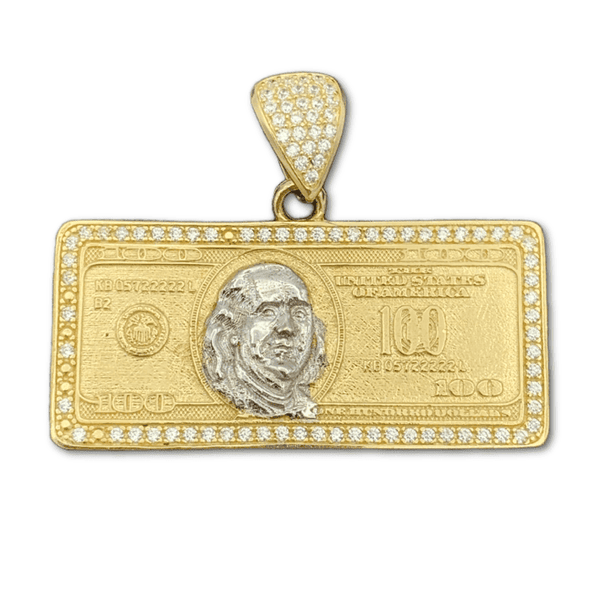 14K Yellow Gold and CZ Hundred Dollar Bill Pendant